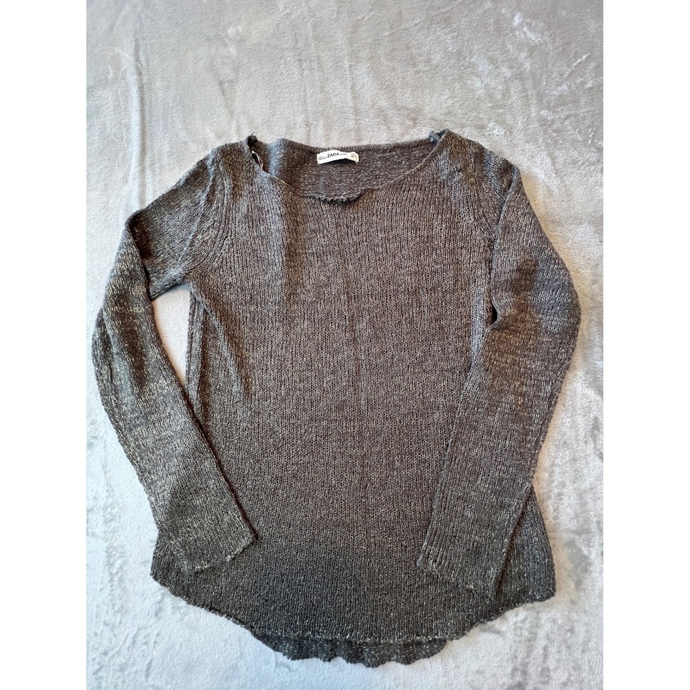 Zara Knit Sweater Womens Small Gray Metallic High Low Hem Sparkle Long Sleeve